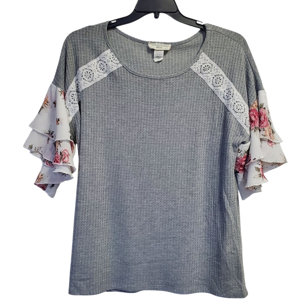 Blue Women's Waffle Gray Floral Ruffle Sleeve Top Size L
